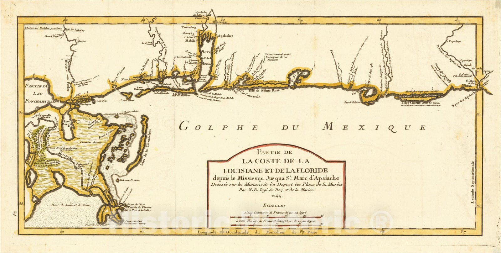 Historic Map : Partie de la Coste de la Louisiane et de la Floride depuis le Mississipi Jus qua St. Marc d'Apalache, 1744, 1744, Jacques Nicolas Bellin, v1, Vintage Wall Art