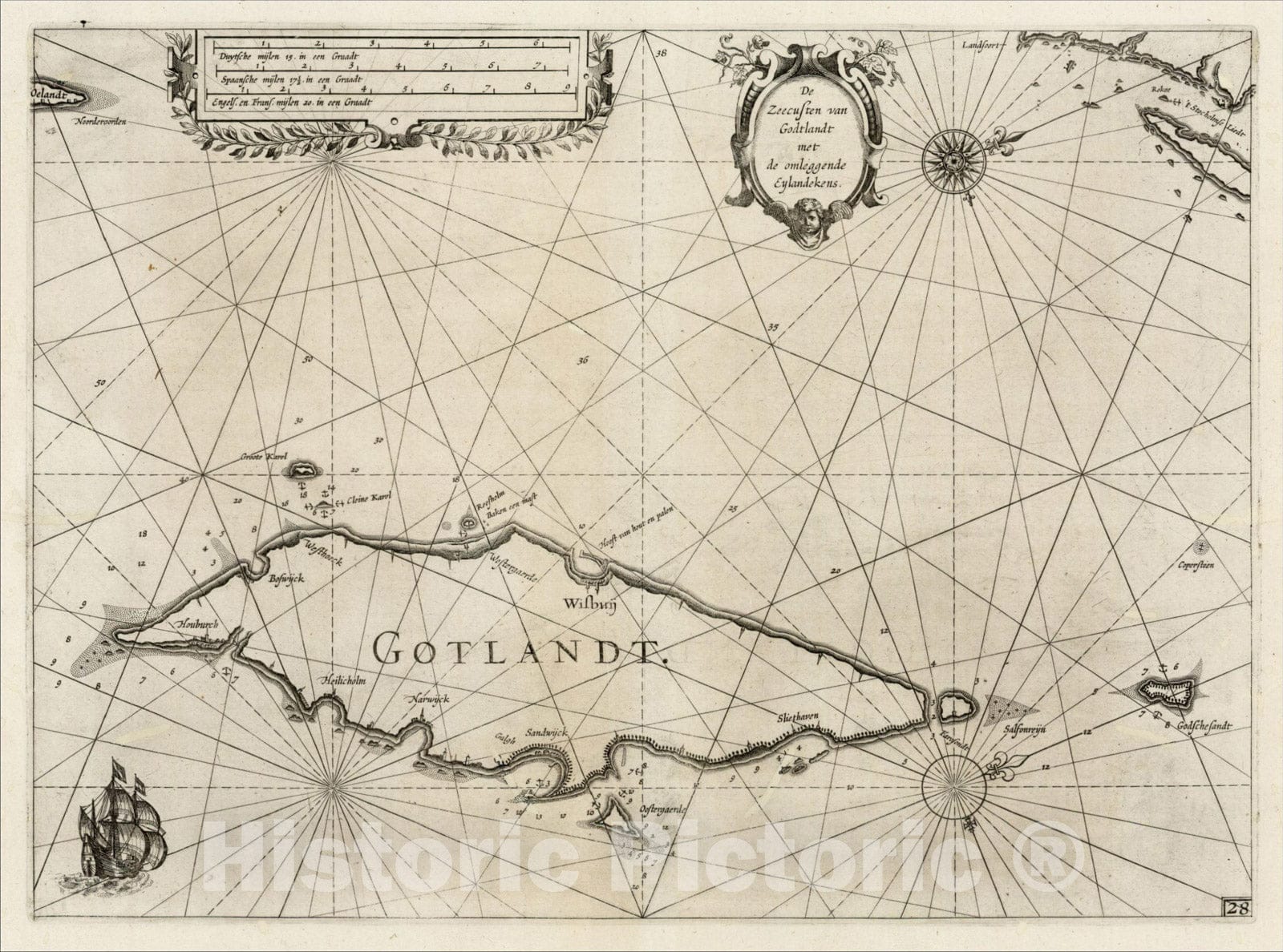 Historic Map : De Zeecusten van Godtlant met de omleggend Eylandekens, 1623, Willem Janszoon Blaeu, Vintage Wall Art