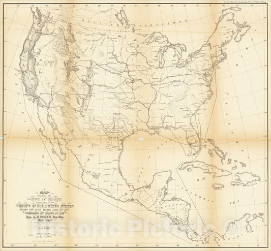 Historic Map : U.S.?Army troop movements throughout the United States, 1858, United States Bureau of Topographical Engineers, Vintage Wall Art