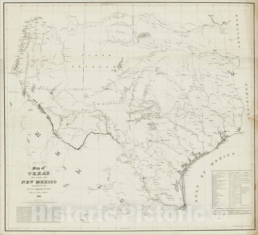 Historic Map : Map of Texas and Part of New Mexico compiled in the Bureau of Topographical Eng'rs. chiefly for military purposes., 1857, , Vintage Wall Art