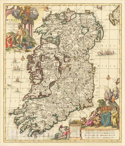 Historic Map : Hyberniae Regni in Provincias Ultoniam, Connachiam, Lageniam, Momoniamq divisi Tabula Accuratisima, c1701, Johannes Covens, Vintage Wall Art