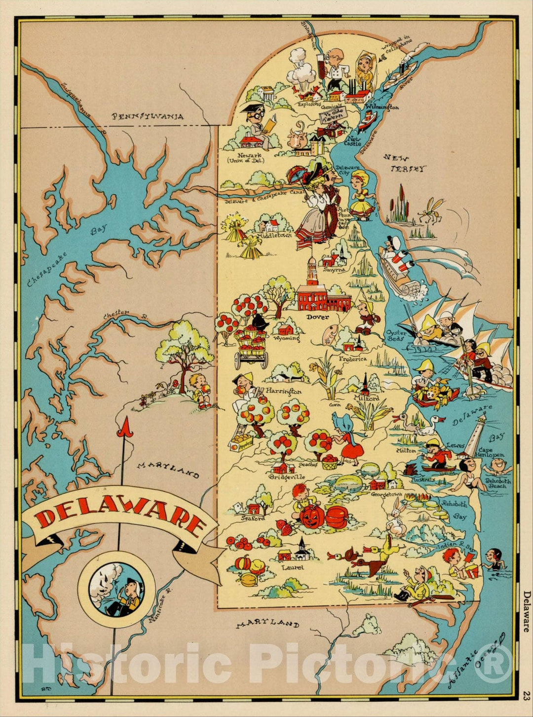 Historic Map : Delaware, 1935, Ruth Taylor White, v1, Vintage Wall Art