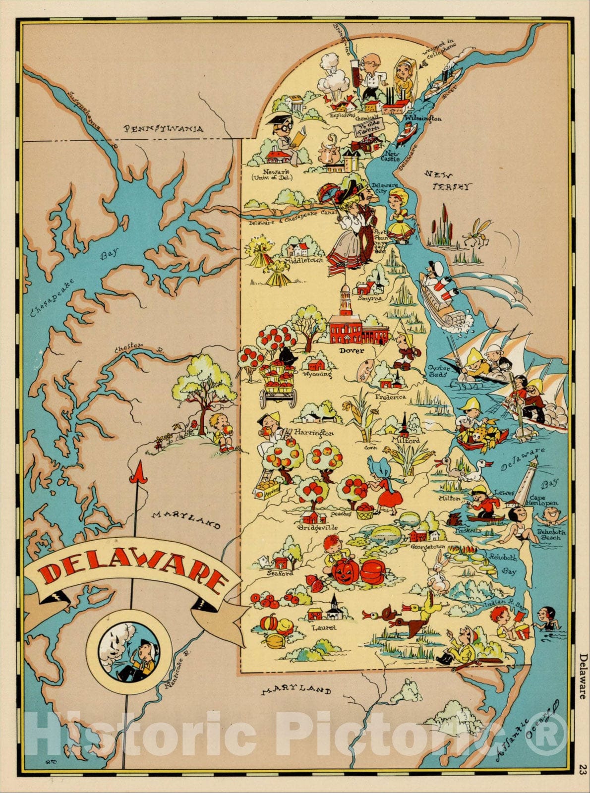Historic Map : Delaware, 1935, Ruth Taylor White, v1, Vintage Wall Art