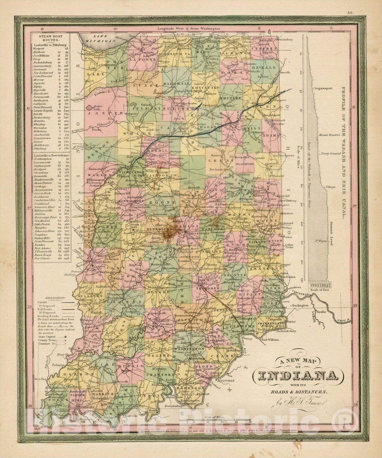 Historic Map : A New Map Of Indiana with its Roads & Distances. by H.S. Tanner, 1841, Henry Schenk Tanner, Vintage Wall Art