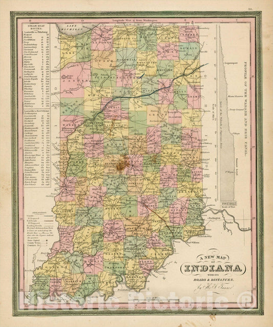 Historic Map : A New Map Of Indiana with its Roads & Distances. by H.S. Tanner, 1841, Henry Schenk Tanner, Vintage Wall Art
