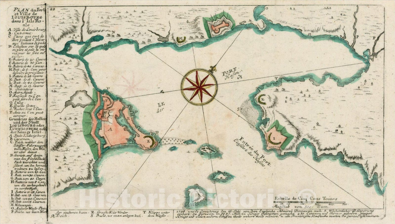 Historic Map : Plan du Fort et Ville de Louisbourg dans L'Isle Ro=ale, 1760, Christian Friedrich von der Heiden, Vintage Wall Art