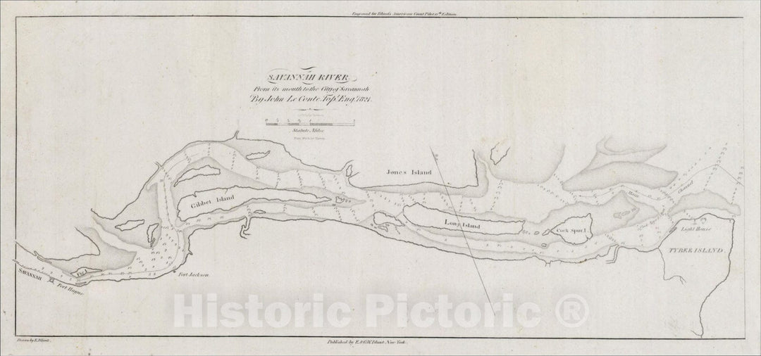Historic Map : Savannah River from its mouth to the City of Savanna By John Le Conte. Topl. Engr. 1821, 1827, Edmund M. Blunt, Vintage Wall Art