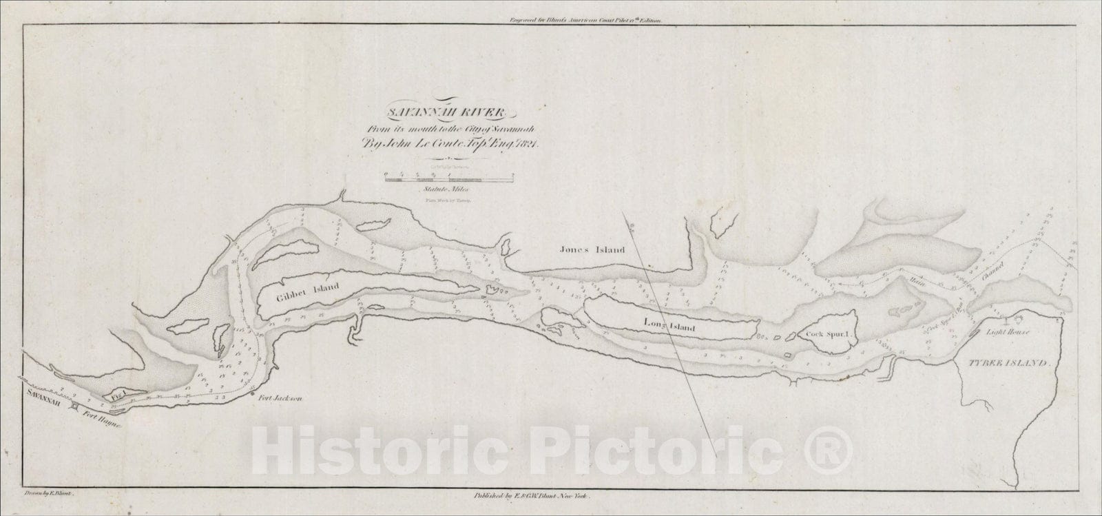Historic Map : Savannah River from its mouth to the City of Savanna By John Le Conte. Topl. Engr. 1821, 1827, Edmund M. Blunt, Vintage Wall Art