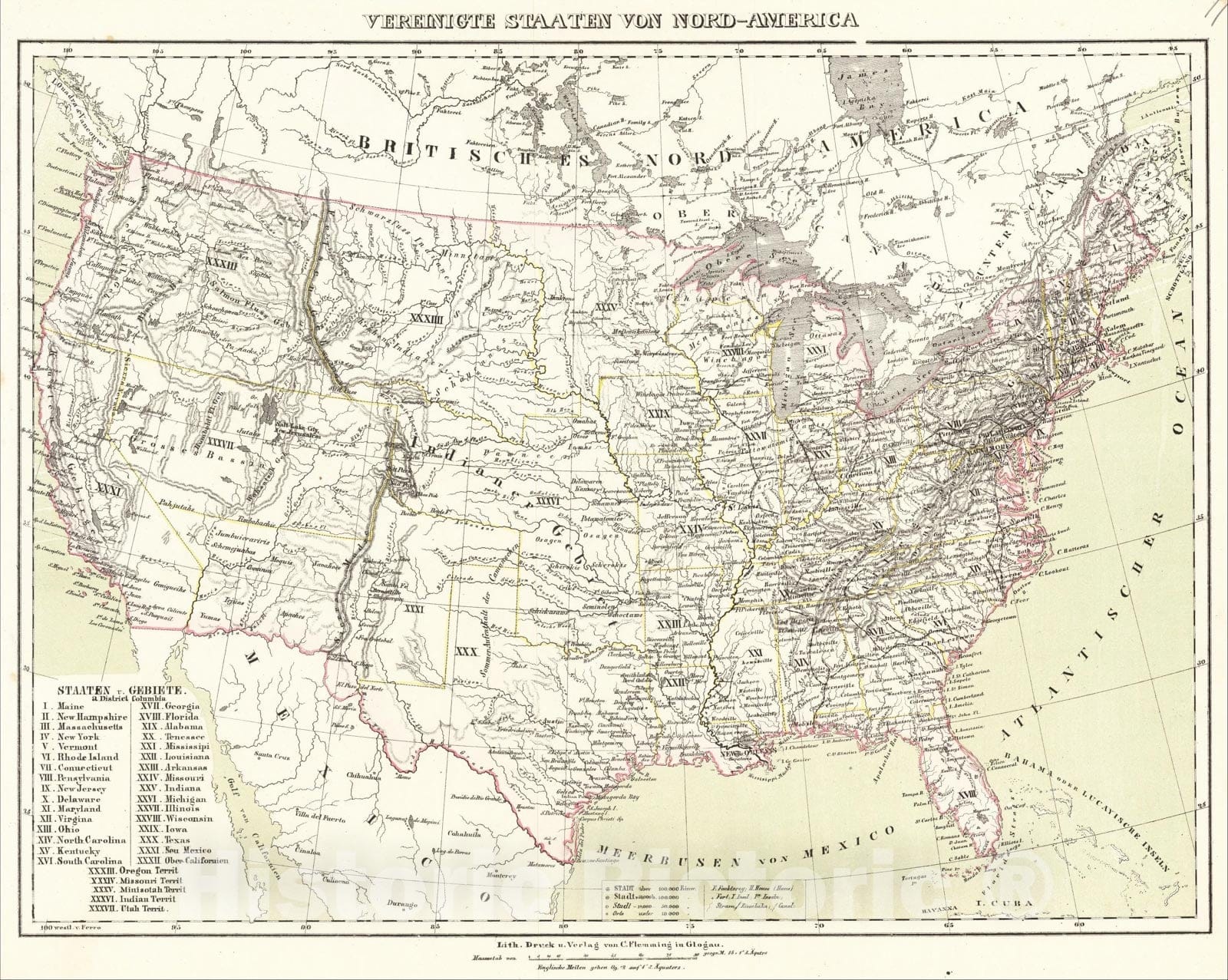 Historic Map : Vereinigte Staaten Von Nord-America, 1854, Carl Flemming, Vintage Wall Art