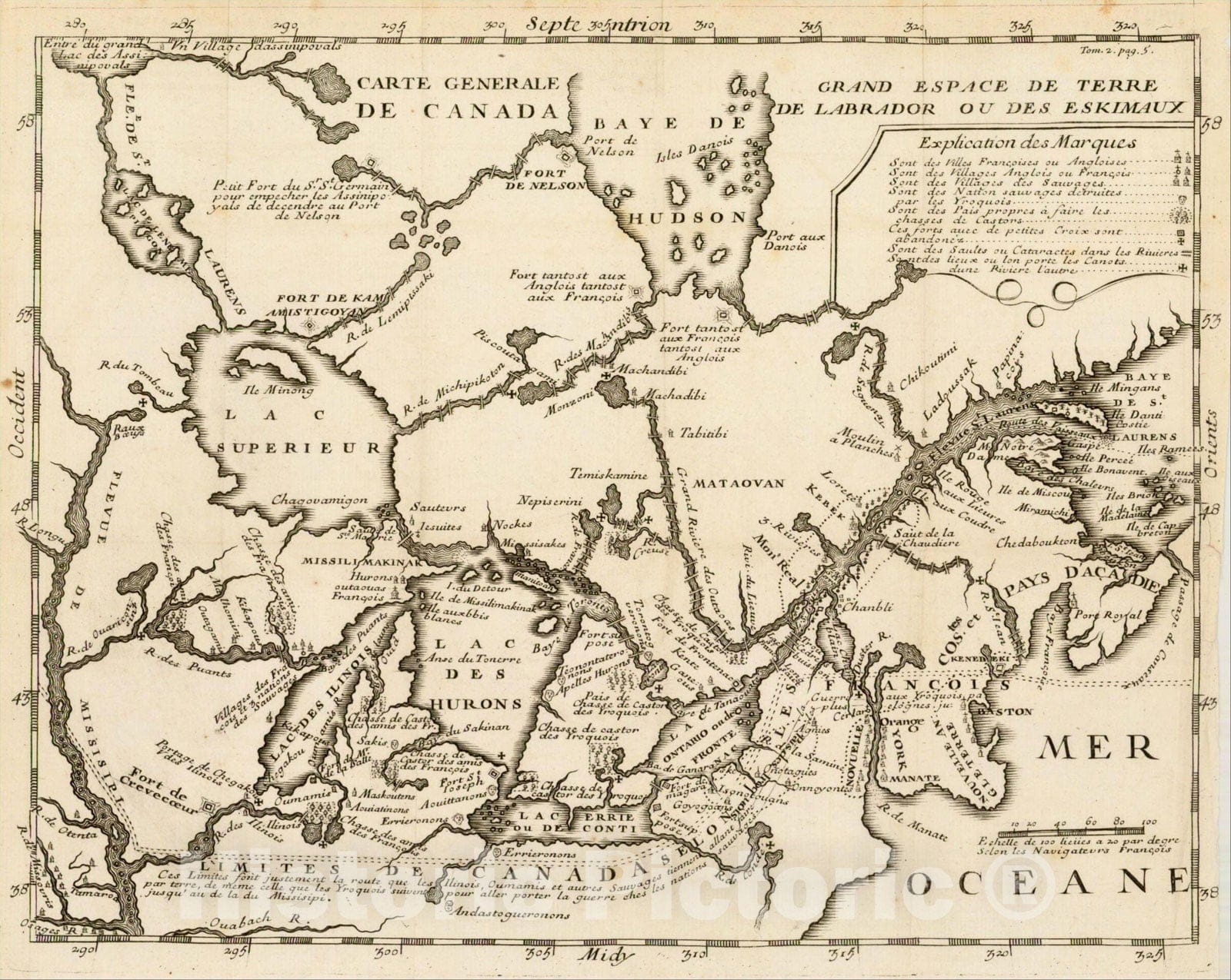 Historic Map : Carte Generale De Canada, 1703, Baron de Lahontan, v1, Vintage Wall Art