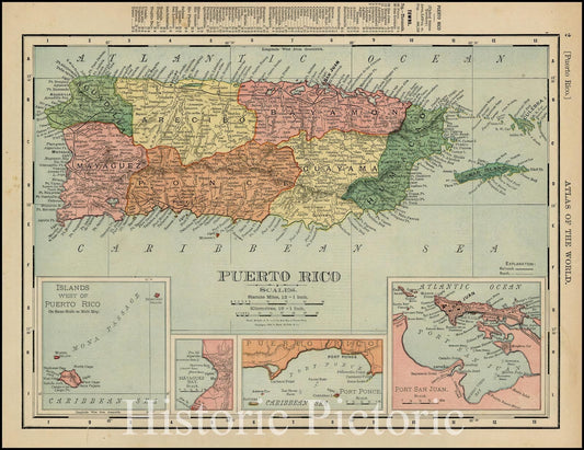 Historic Map : Puerto Rico (with inset of San Juan Harbor, etc), 1895, Rand McNally & Company, Vintage Wall Art