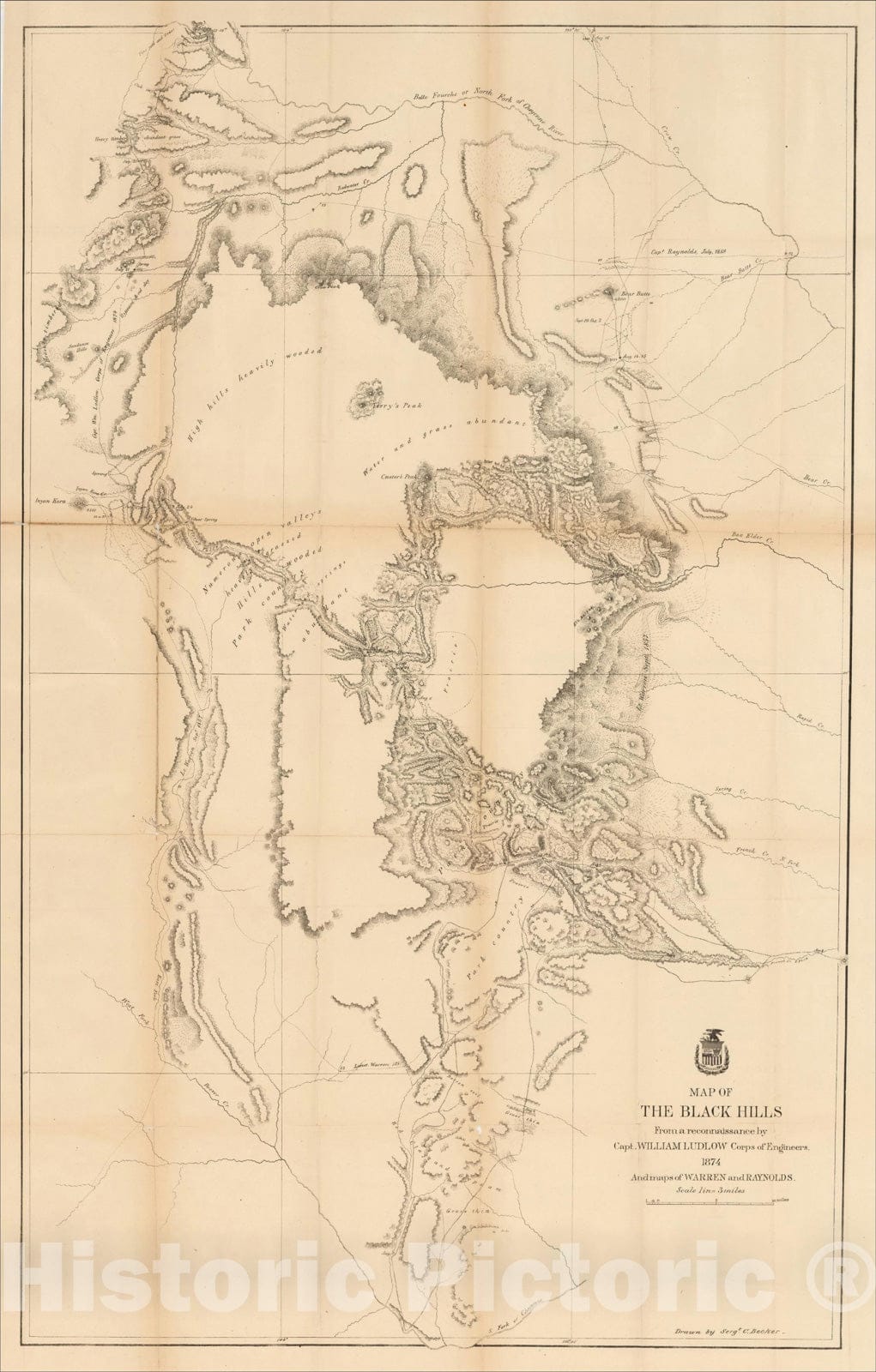 Historic Map : The Black Hills from a reconnaissance by Captain William Ludlow Corps of Engineers, 1874 And maps of Warren and Raynolds, 1874, Vintage Wall Art