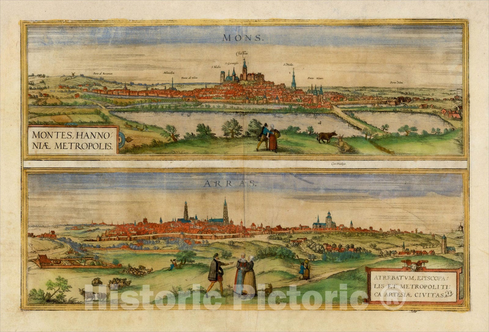 Historic Map : Montes, Hannoniae Metropolis [and] Atrebatum, Episcopalis Et Metropolica Artesiae Citivas, c1575, Georg Braun, Vintage Wall Art