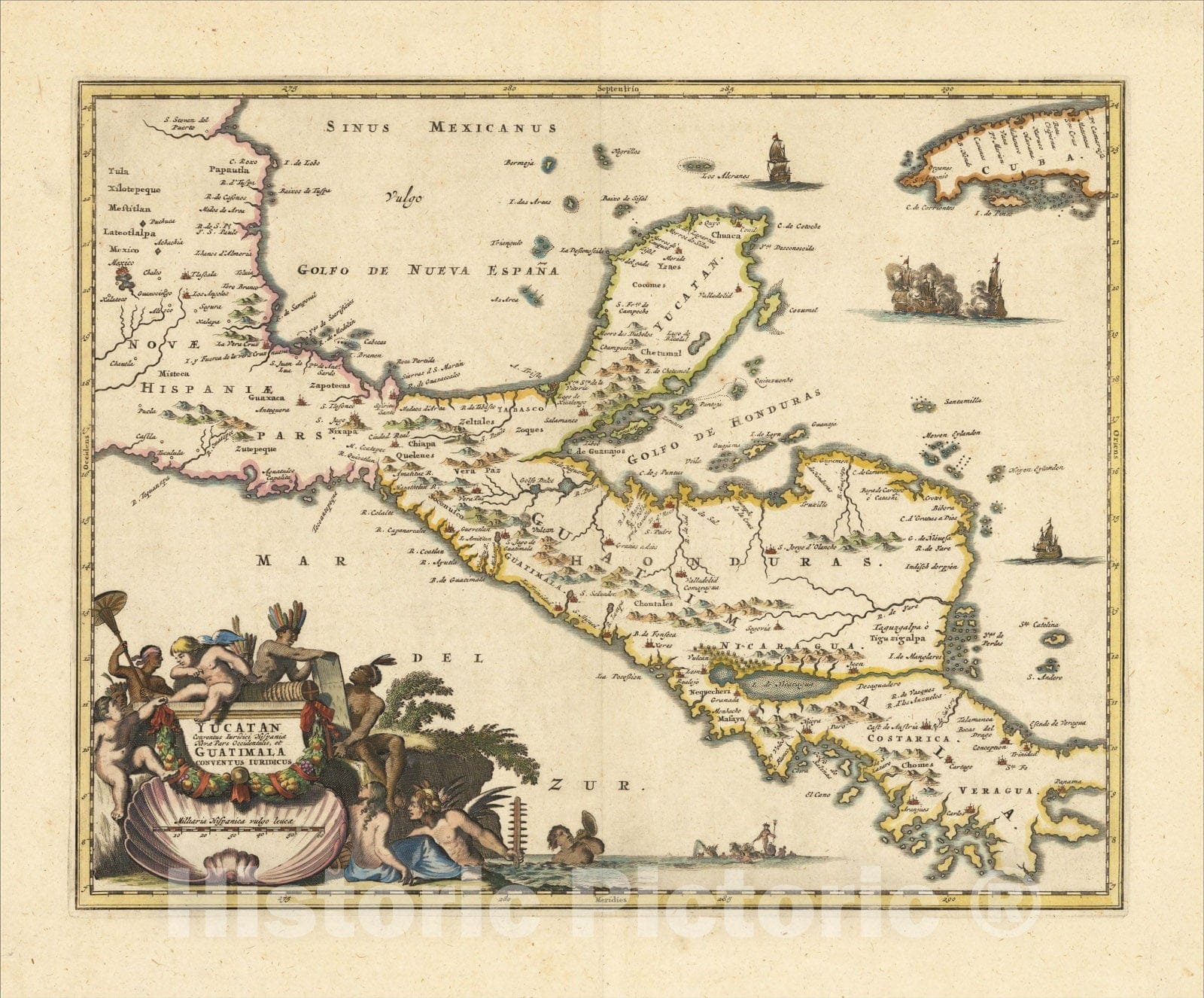 Historic Map : Yucatan Conventus Iuridici Hispaniae Novae Pars Occidenalis, et Guatimala Conventus Iuridicus, 1671, John Ogilby, Vintage Wall Art