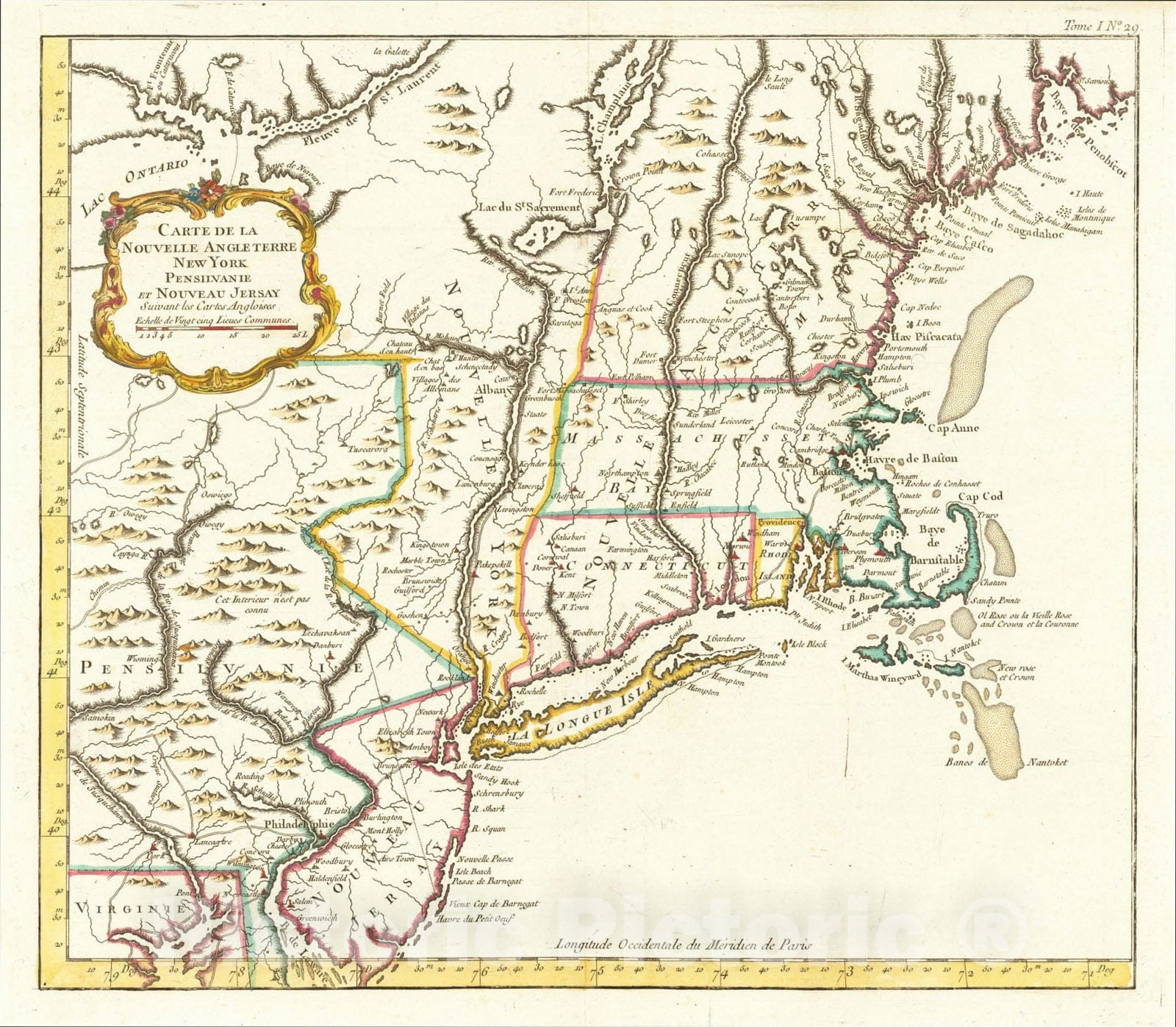 Historic Map : Carte de la Nouvelle Angleterre, New York, Pensilvanie et Nouveau Jersay Suivant les Carte Anglais, 1764, Jacques Nicolas Bellin, Vintage Wall Art