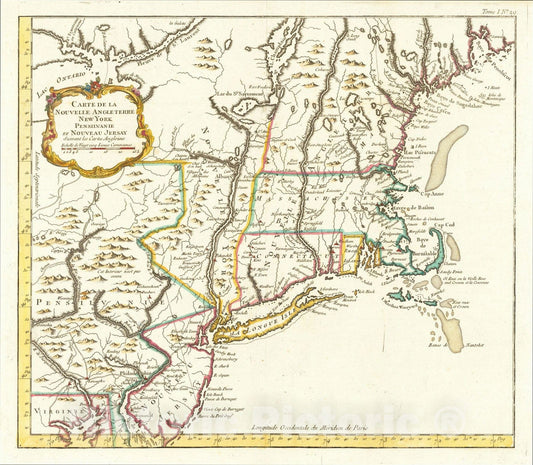 Historic Map : Carte de la Nouvelle Angleterre, New York, Pensilvanie et Nouveau Jersay Suivant les Carte Anglais, 1764, Jacques Nicolas Bellin, Vintage Wall Art