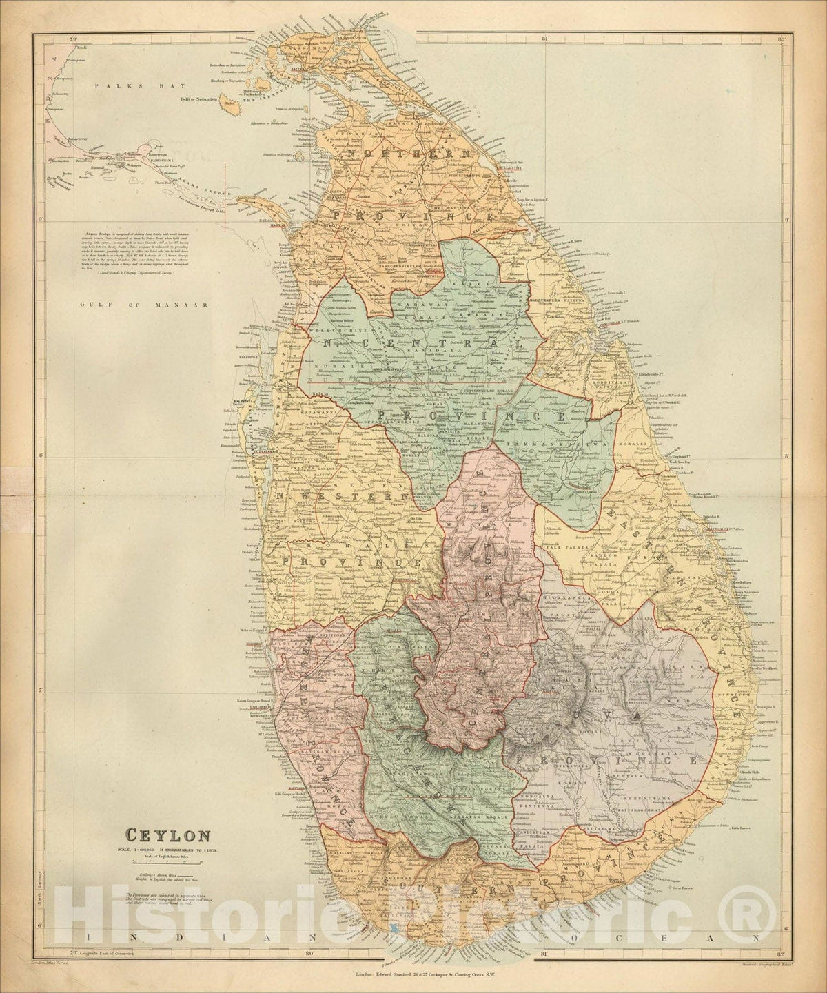 Historic Map : Ceylon, 1896, Edward Stanford, Vintage Wall Art