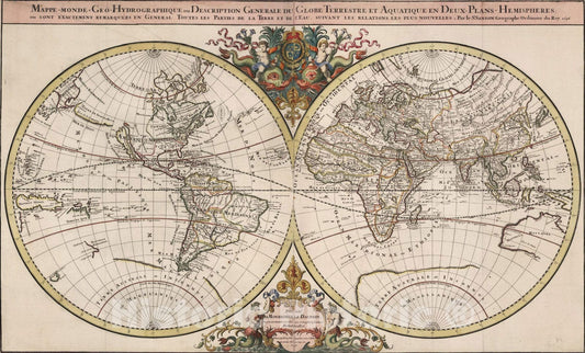 Historic Map : Mappe-Monde Geo-Hydrographique, ou Description Generale du Globe Terrestre et Aquatique en Deux Plans-Hemispheres, 1696, Alexis-Hubert Jaillot, Vintage Wall Art