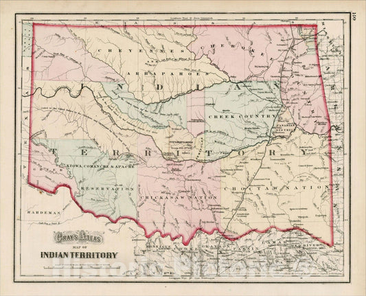 Historic Map : Gray's Atlas Map of Indian Territory, 1873, O.W. Gray, Vintage Wall Art
