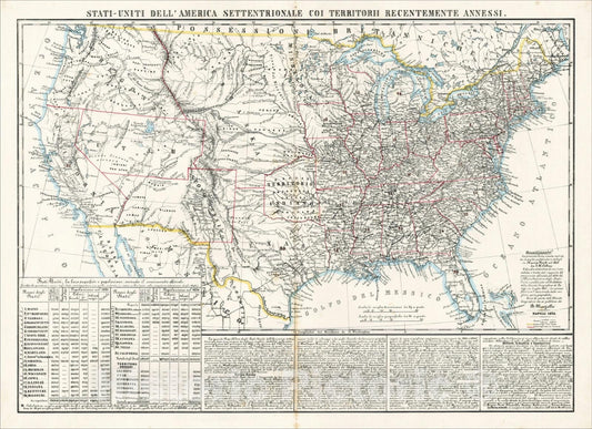 Historic Map : Stati Uniti dell'America Settentrionale Coi Territorii Recentemente Annessi, 1854, Benedetto Marzolla, Vintage Wall Art