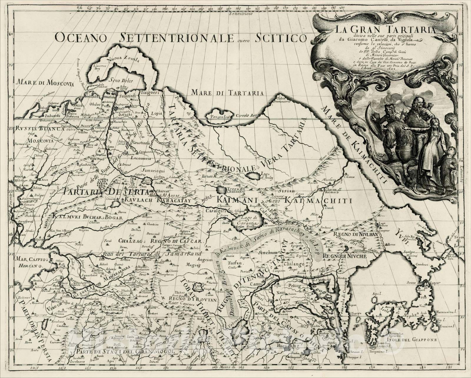 Historic Map : La Gran Tartaria divisa nelle sue parti prinicpali conforme le relazioni, che s' hanno da gl'Itineraij de P, 1683, v1, Vintage Wall Art