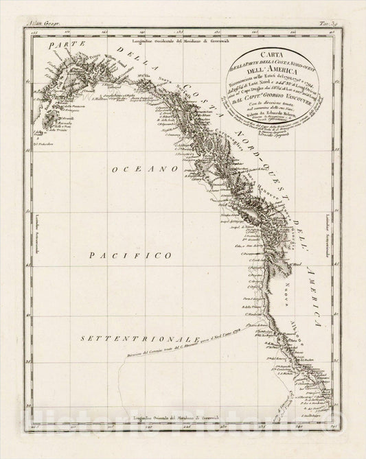 Historic Map : Carta della Parte della Costa Nord-Ouest Dell'America Rcionosciuta nelle Estati del 1792, 1793, e 1794, . dal Capito Giorgio Vancouver, c1820, Vintage Wall Art