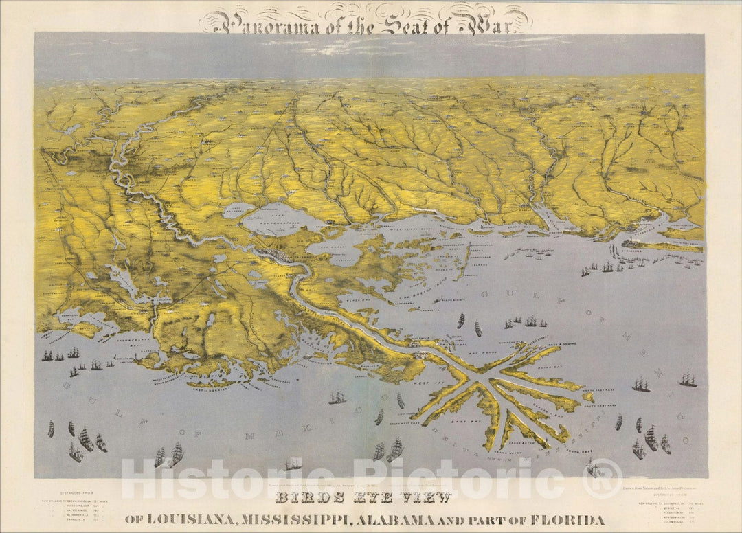 Historic Map : Panorama of the Seat of the War Birds Eye View of Louisiana, Mississippi, Alabama and Part of Florida, 1864, John Bachmann, v1, Vintage Wall Art