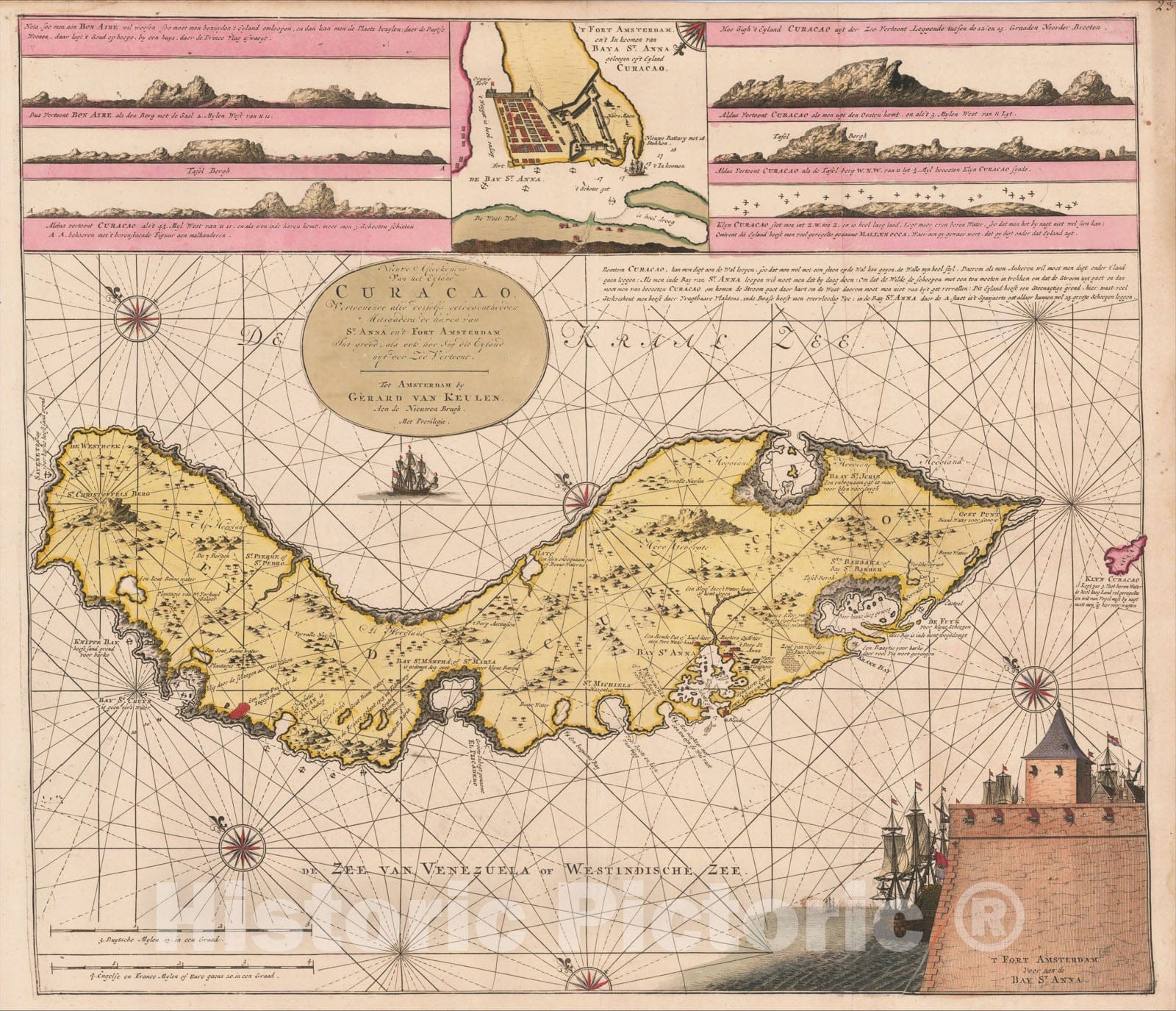 Historic Map : Nieuwe Afteekening van het Eyland Curacao vertoonende alle desselfs geleegentheden mitsgaders, c1751, , Vintage Wall Art