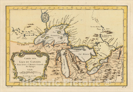 Historic Map : Carte Des Lacs Du Canada Pour servir a l'Histoire des Voyages, c1757, Jacques Nicolas Bellin, Vintage Wall Art