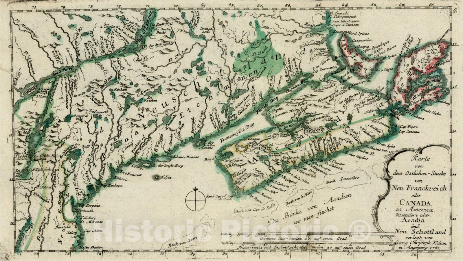 Historic Map : Karte von dem Ostilichen -Stucke von Neu Franckreich oder Canada in America besonders aber Acadia und Neu Schottland, 1762, 1762, Vintage Wall Art
