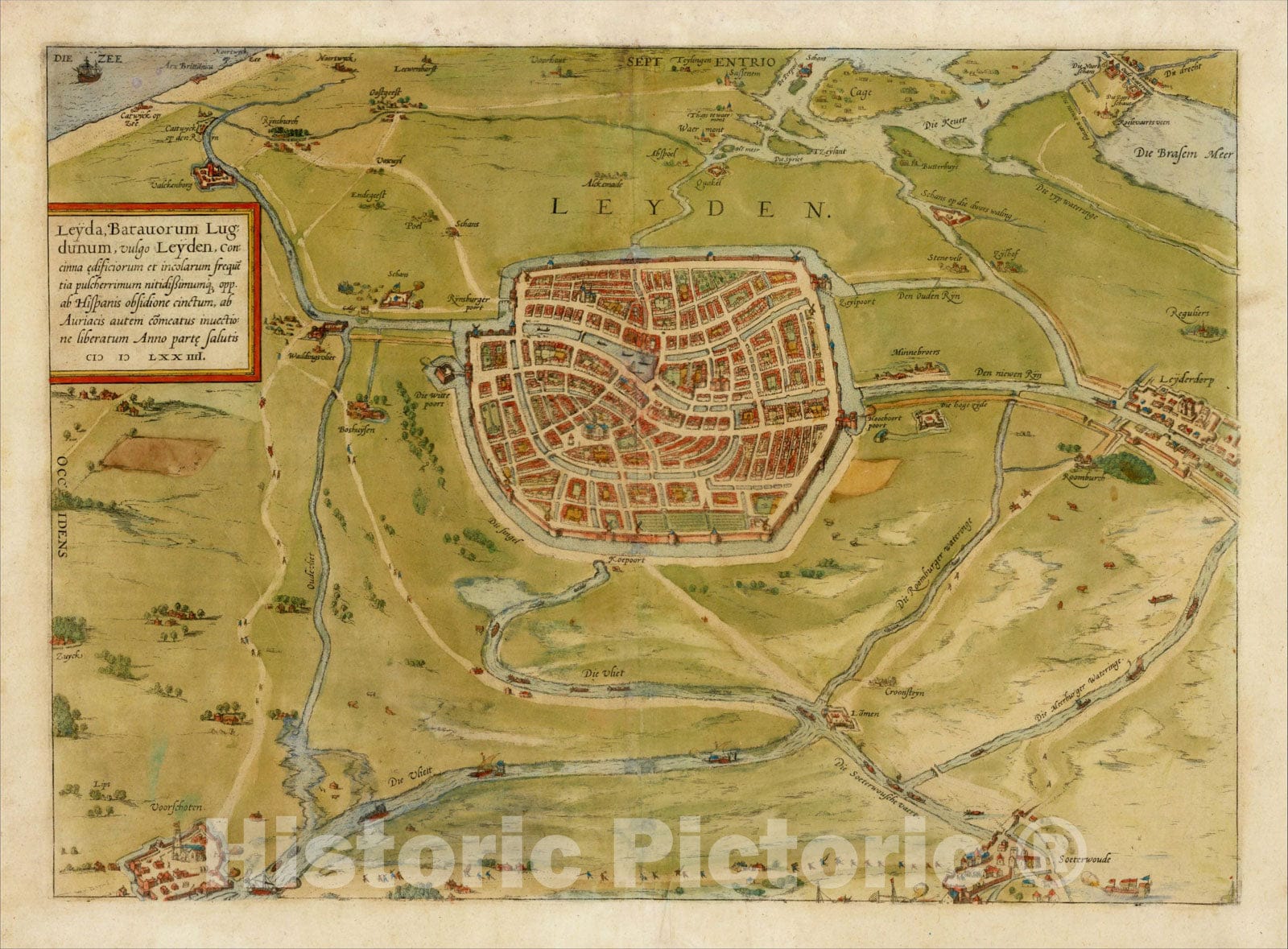 Historic Map : [Leiden] Leyda, Batavorum Lugdunum, vulgo Leyden, M D LXXIIII, 1575, Georg Braun, v1, Vintage Wall Art
