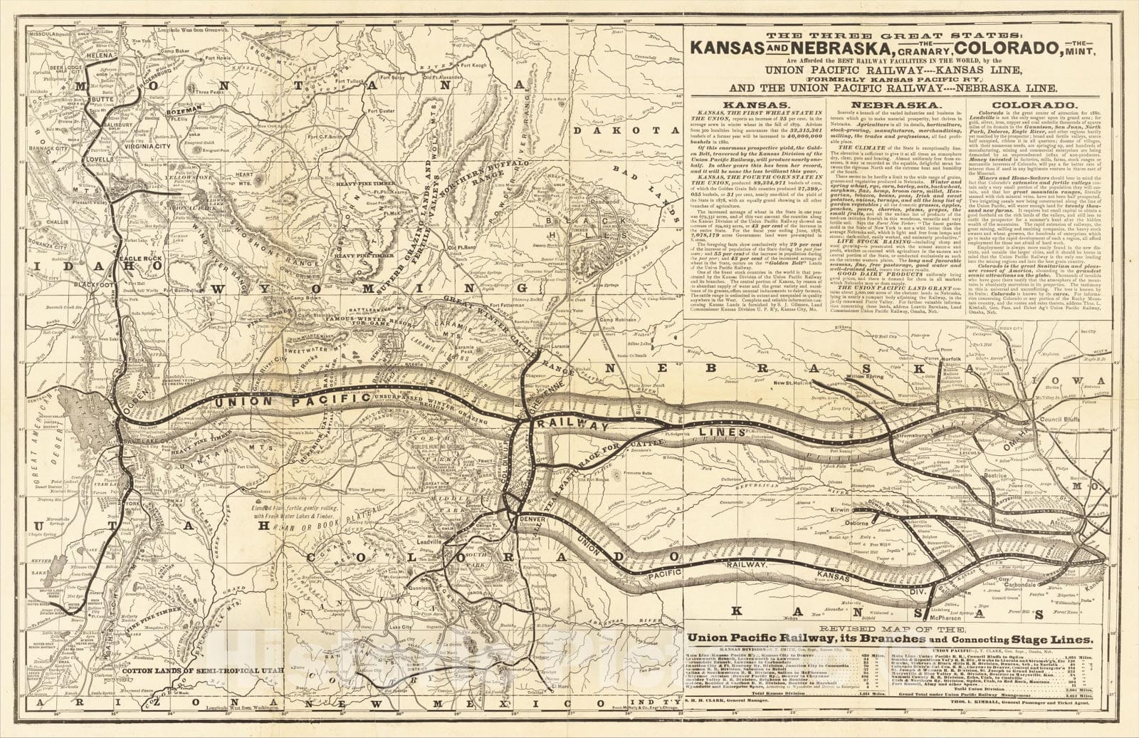 Historic Map : Revised Map of the Union Pacific Railway, Its Branches and Connecting State Lines, 1880, Rand McNally & Company, Vintage Wall Art