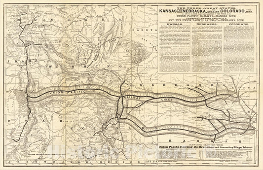 Historic Map : Revised Map of the Union Pacific Railway, Its Branches and Connecting State Lines, 1880, Rand McNally & Company, Vintage Wall Art