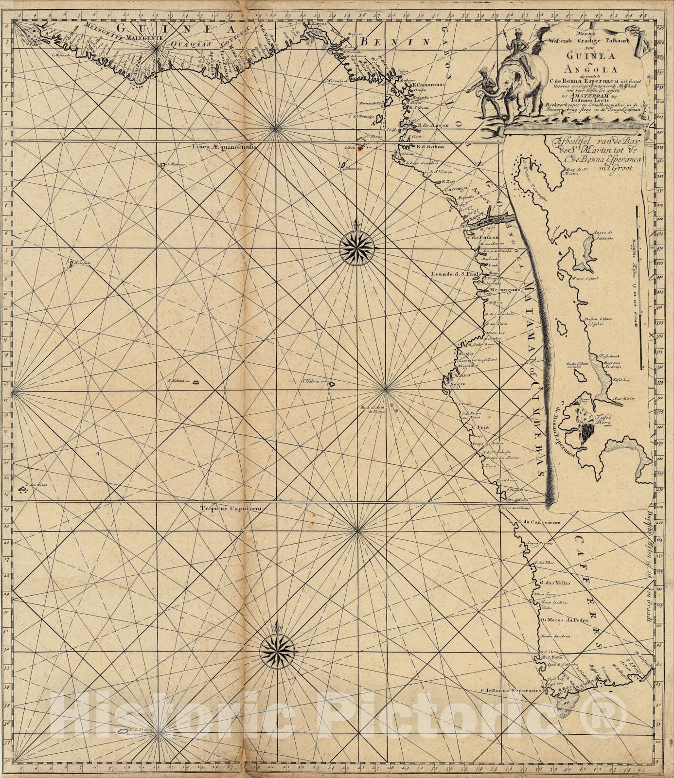 Historic Map : Nieuwe Wassende Gradige Paskaart van Guinea en Angola als meede de C. de Bonna Dsperanca, c1700, Johannes Loots, Vintage Wall Art