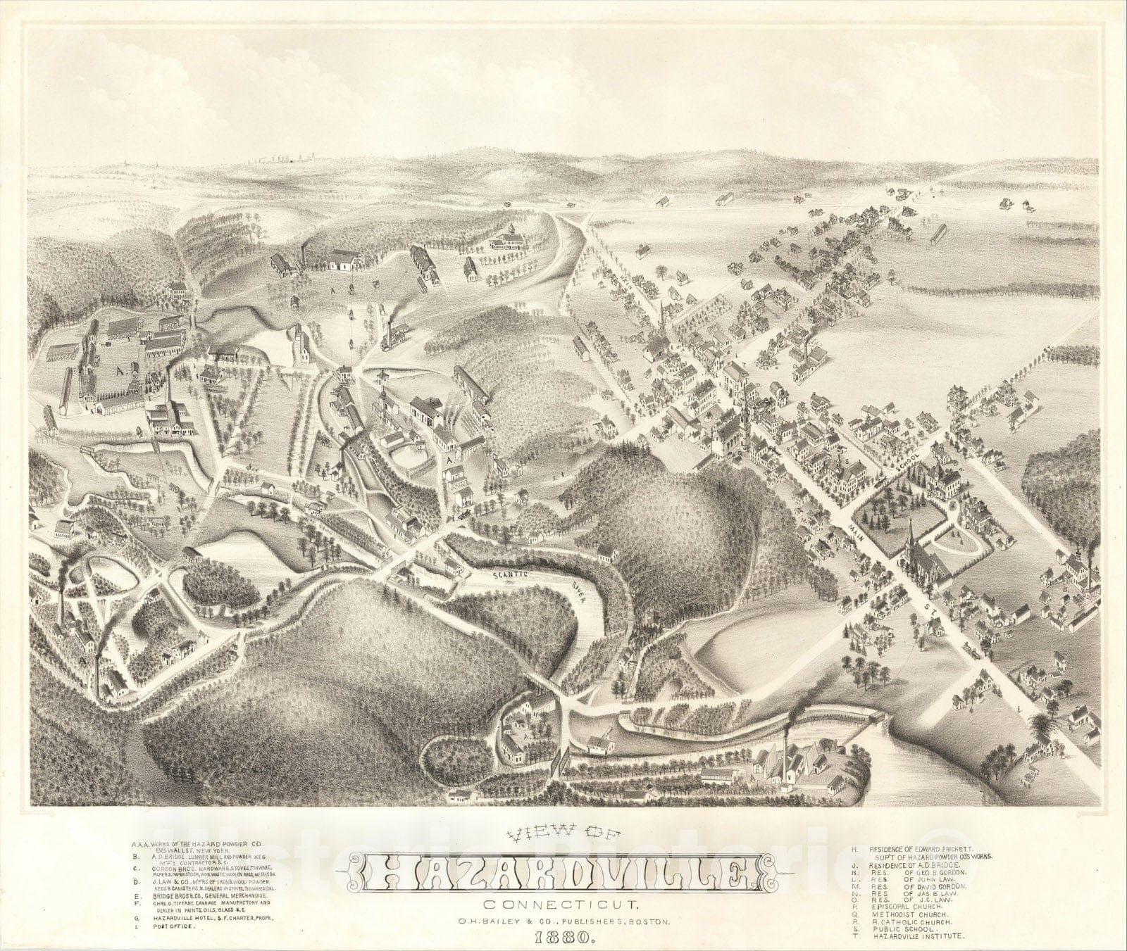 Historic Map : View of Hazardville Connecticut. O.H. Bailey and Co. Publishers, Boston., 1880, , Vintage Wall Art