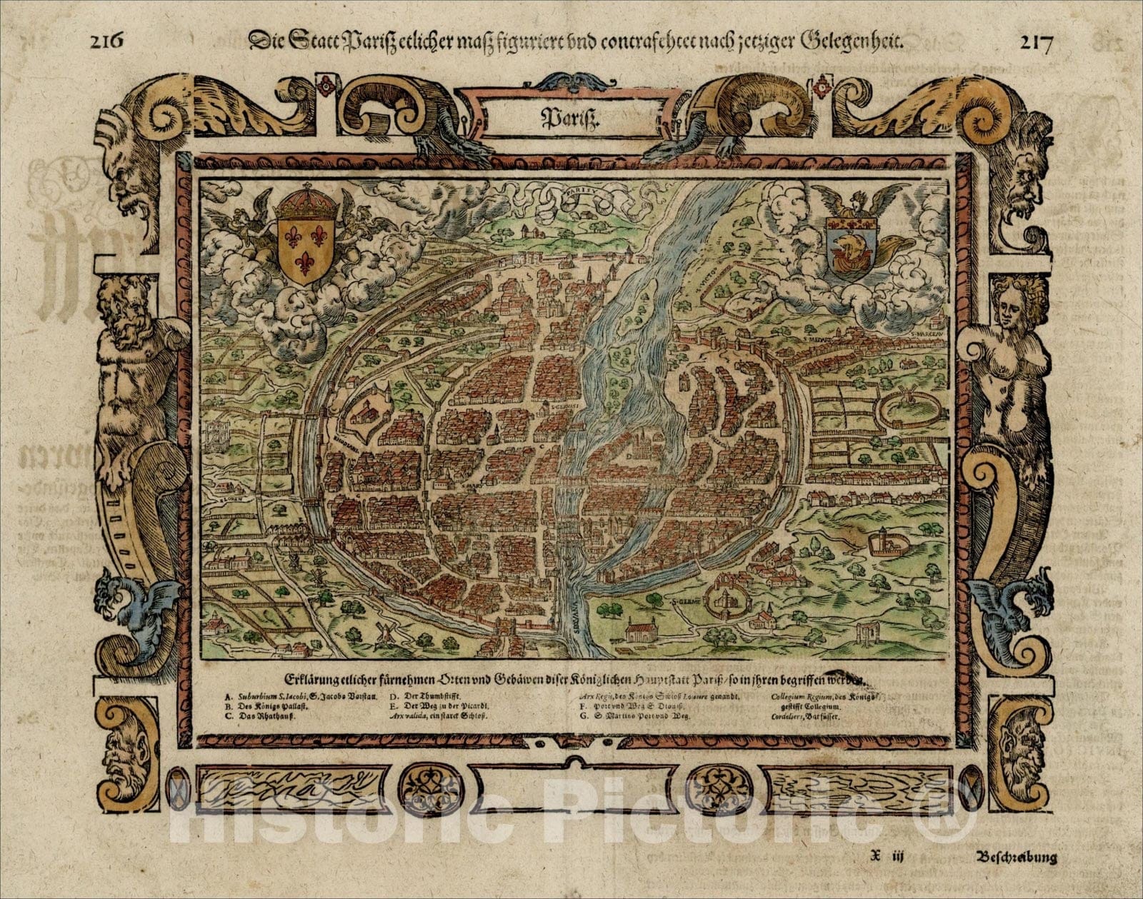 Historic Map : Parisz, c1550, Sebastian M?nster, Vintage Wall Art