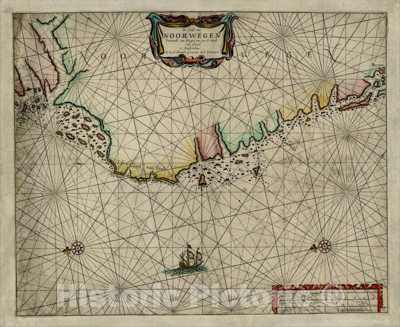 Historic Map : De Cust van Noorwegen Vertoonde van Bergen tot aen de hoeck van Horrel, c1660, Anthonie (Theunis) Jacobsz, Vintage Wall Art