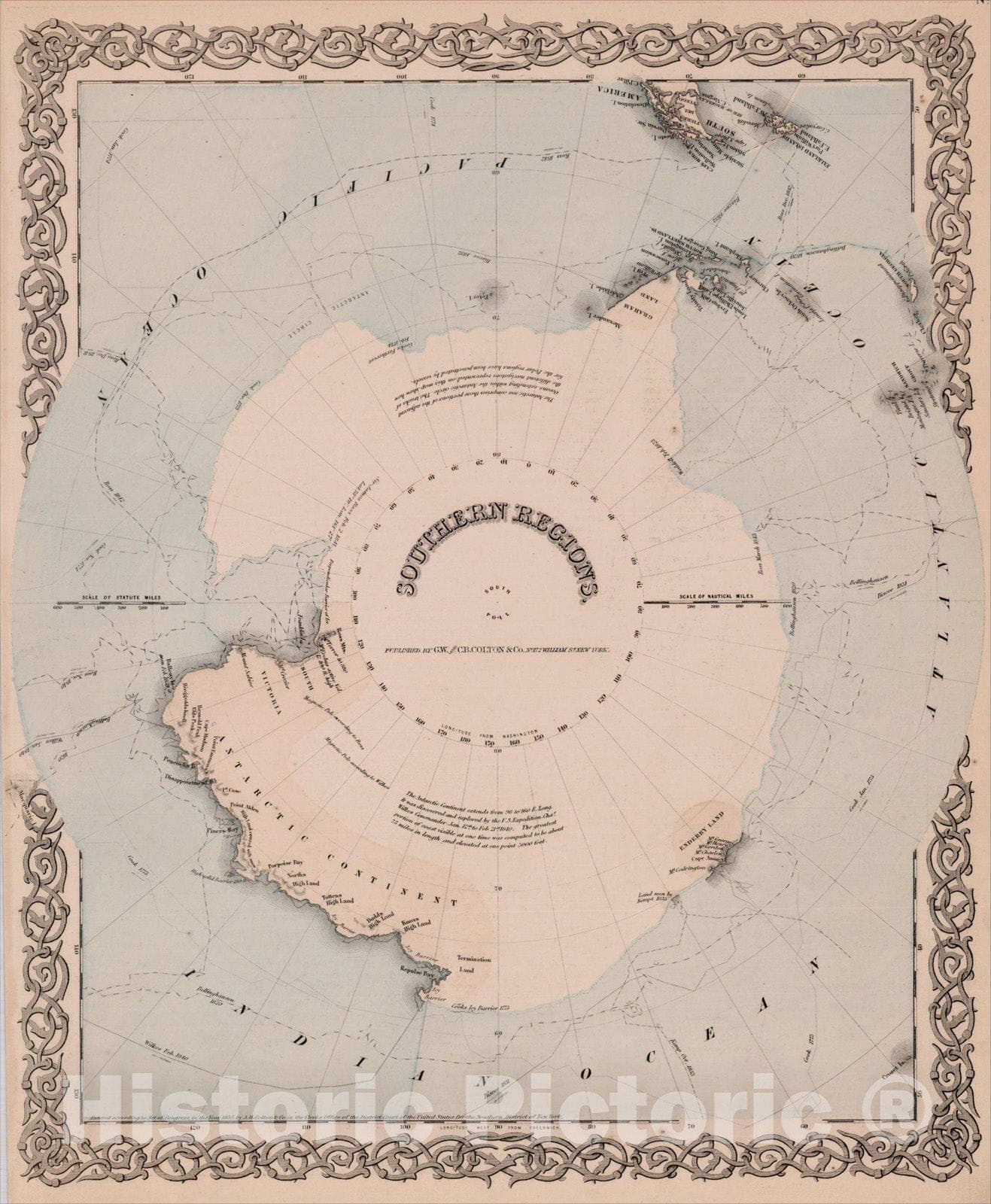 Historic Map : Southern Regions South Pole, c1865, G.W. & C.B. Colton, Vintage Wall Art
