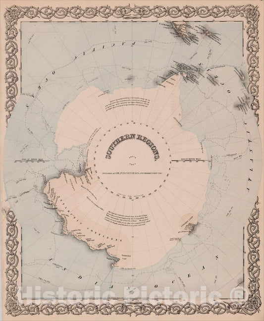 Historic Map : Southern Regions South Pole, c1865, G.W. & C.B. Colton, Vintage Wall Art
