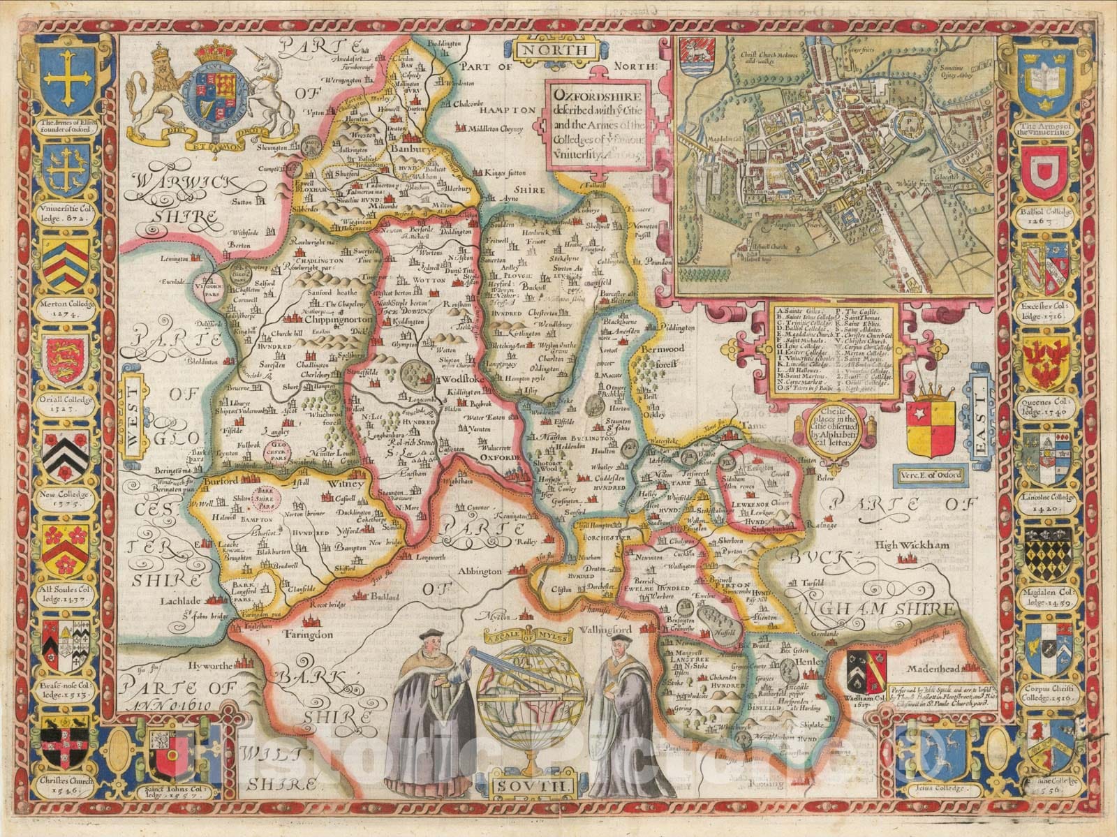 Historic Map : Oxfordshire described with ye Citie and the Armes of the Colledges of ye famous University ao. 1605, 1676, John Speed, Vintage Wall Art