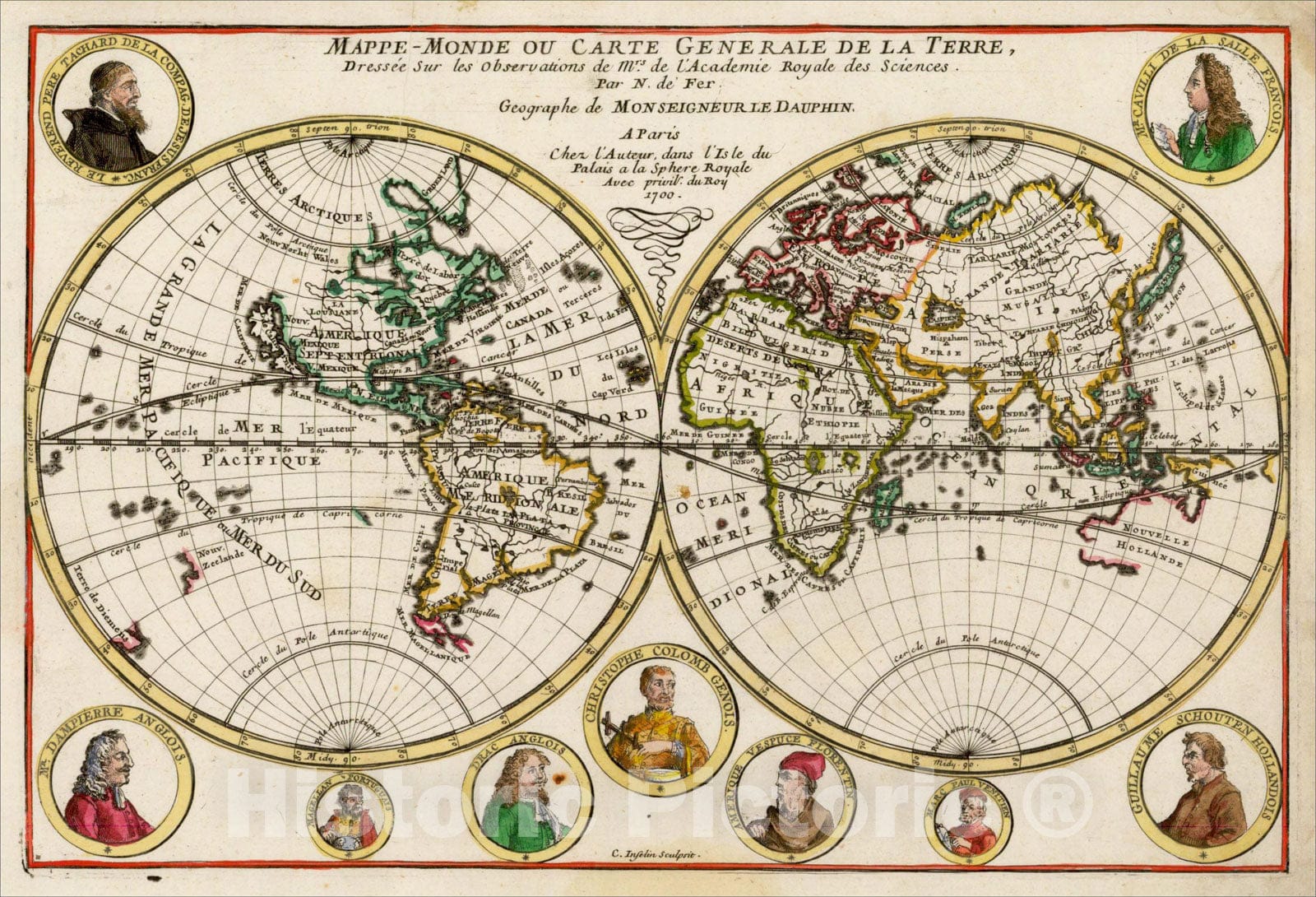 Historic Map : Mappe-Monde ou Carte Generale De La Terre, Dressee Sur les Observations de Mrs. De L'Academi Royal des Sciences, 1700, 1700, Nicolas de Fer, Vintage Wall Art