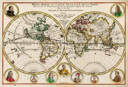 Historic Map : Mappe-Monde ou Carte Generale De La Terre, Dressee Sur les Observations de Mrs. De L'Academi Royal des Sciences, 1700, 1700, Nicolas de Fer, Vintage Wall Art