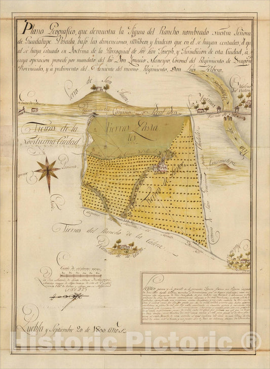 Historic Map : Plano Geografico, que demuestra la Figura del Rancho nombrado Nuestra Se?ra de Guadalupe Posada, bajo las dimenciones, 1800, , Vintage Wall Art