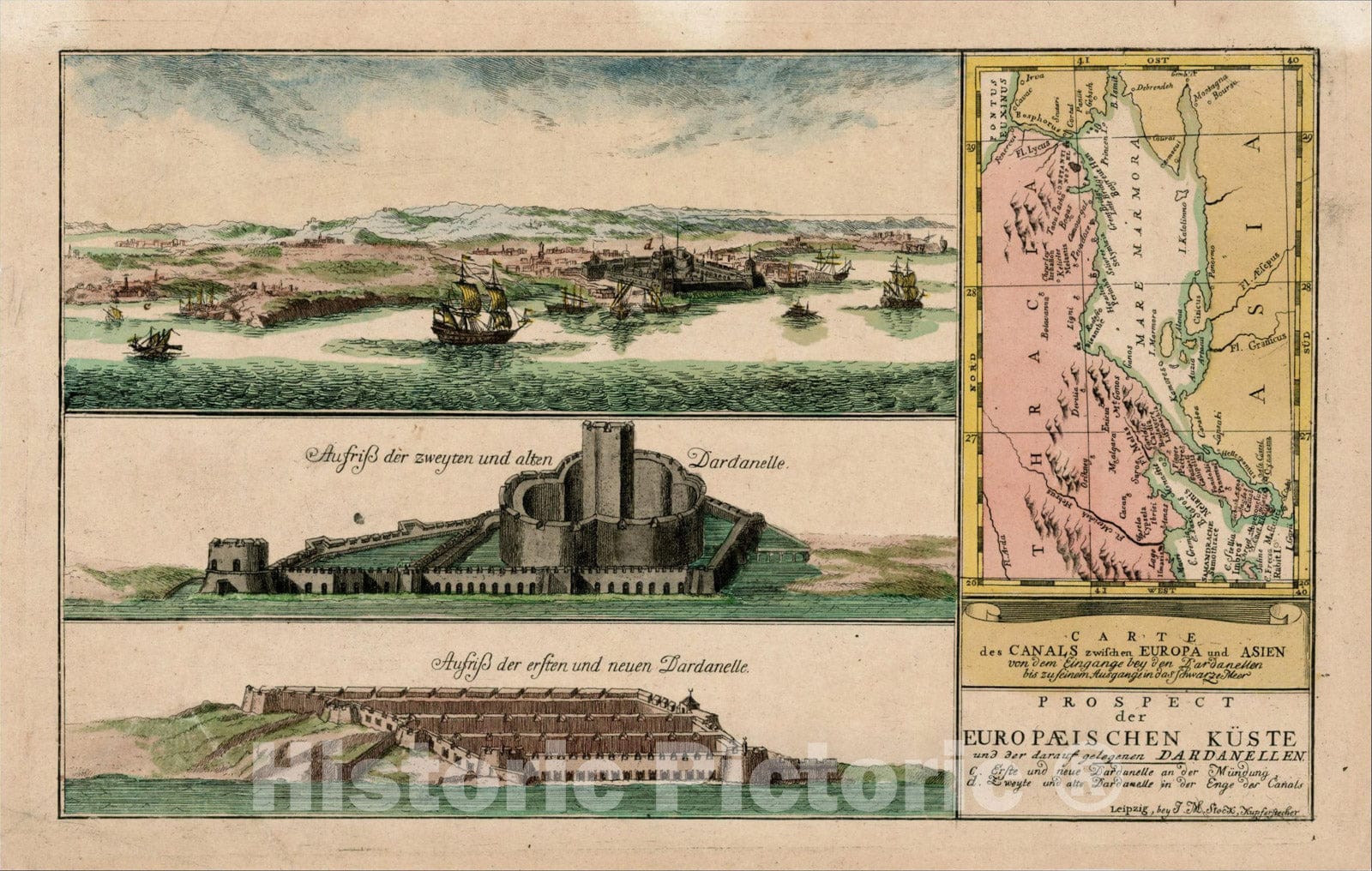 Historic Map : Prospect der Europaeischen Kuste und der darauf gelegen Dardanellen, [and] Carte des Canals zwischen Europa, c1770, J. M. Stock, Vintage Wall Art
