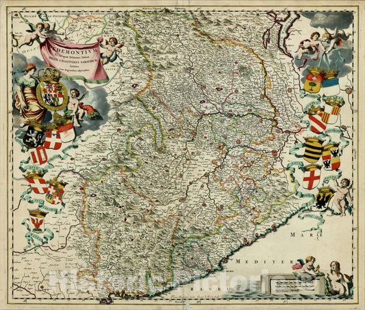 Historic Map : Pedemontium et reliquae Ditiones Italiae Regia Celsitudini Sabaudicae Subditae Cum Regionibus adjacentibus, 1682, , Vintage Wall Art