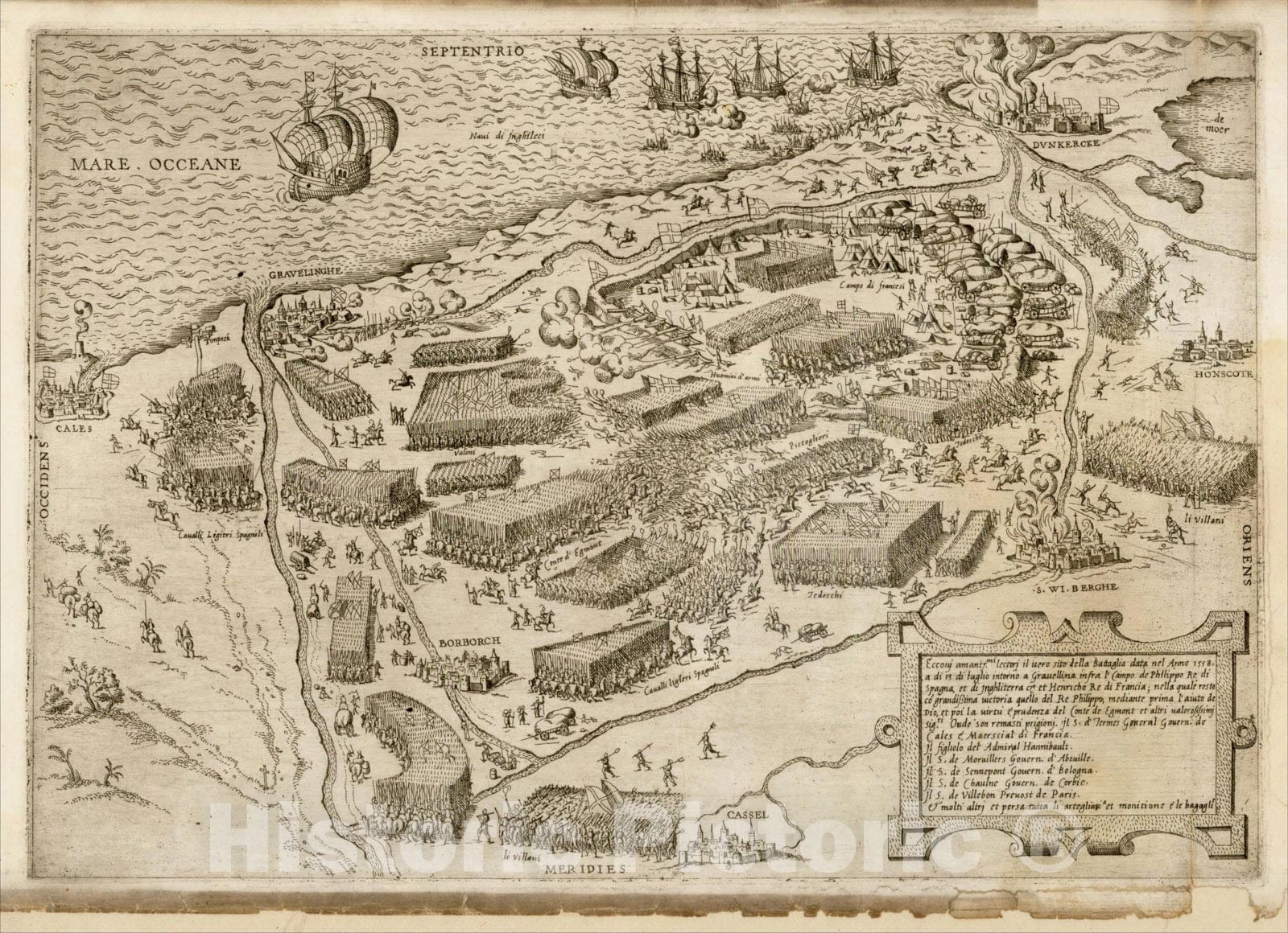 Historic Map : Battle of Gravelines,] Eccoui amantsmi lectori il vero sito della battaglia data nel anno 1558 a di 13 di luglio intorno a Gravellina, c1558, , Vintage Wall Art