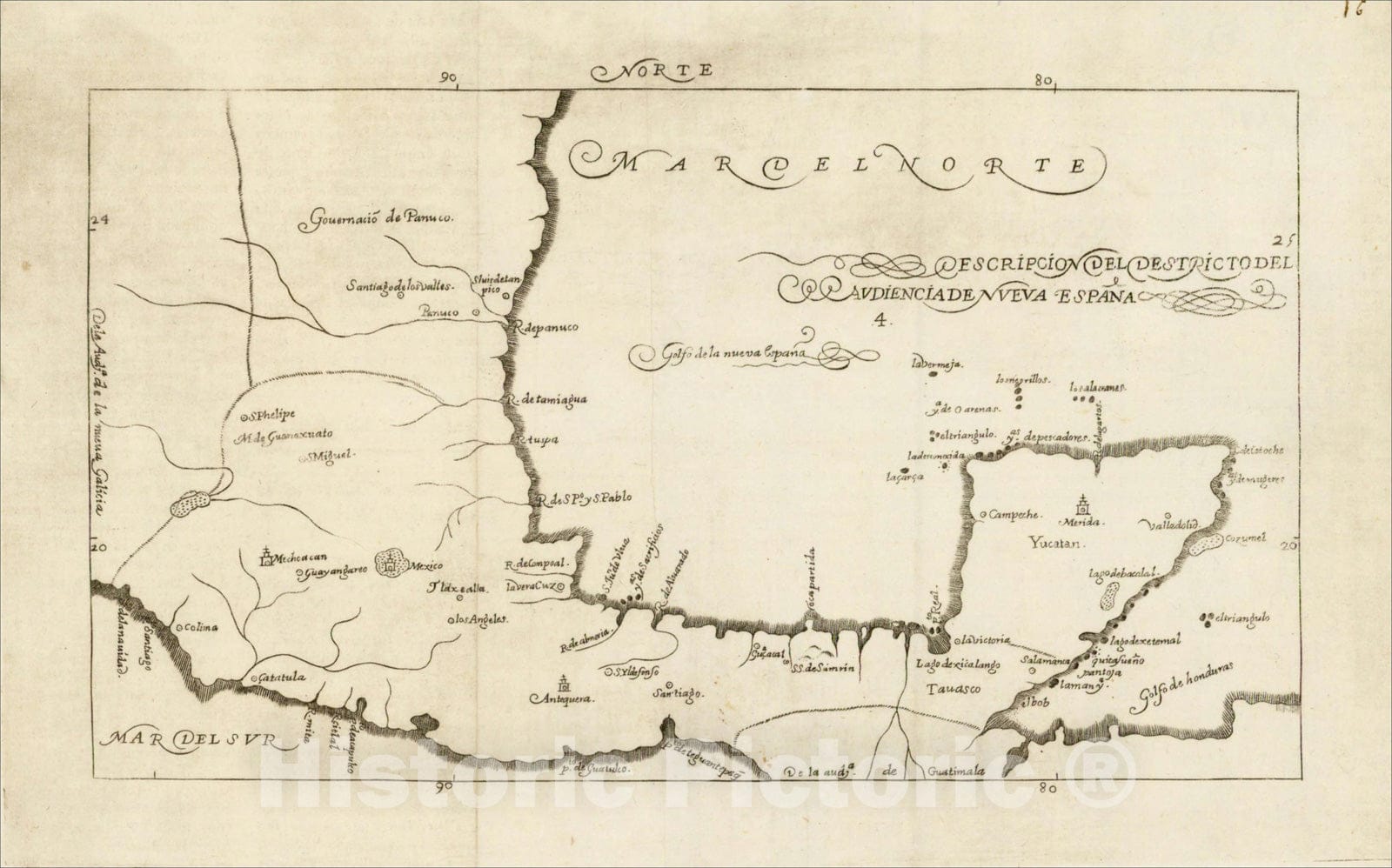 Historic Map : Descripcion Del Destricto Del Audiencia Nueva Espa?, c1601, Antonio de Herrera y Tordesillas, Vintage Wall Art