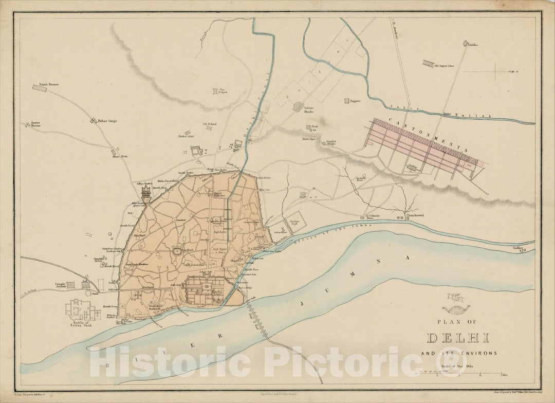 Historic Map : Plan of Delhi and its Environs, c1863, Edward Weller, Vintage Wall Art