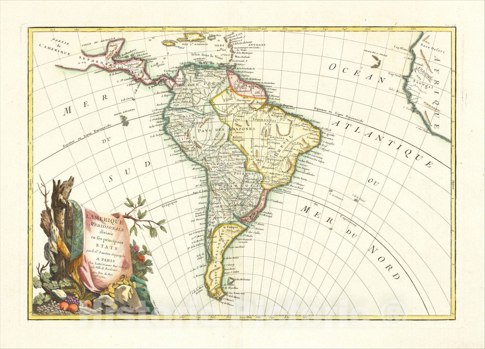 Historic Map : L'Amerique Meridionale divisee en ses principaux Etats, 1762, 1762, Jean Janvier, Vintage Wall Art