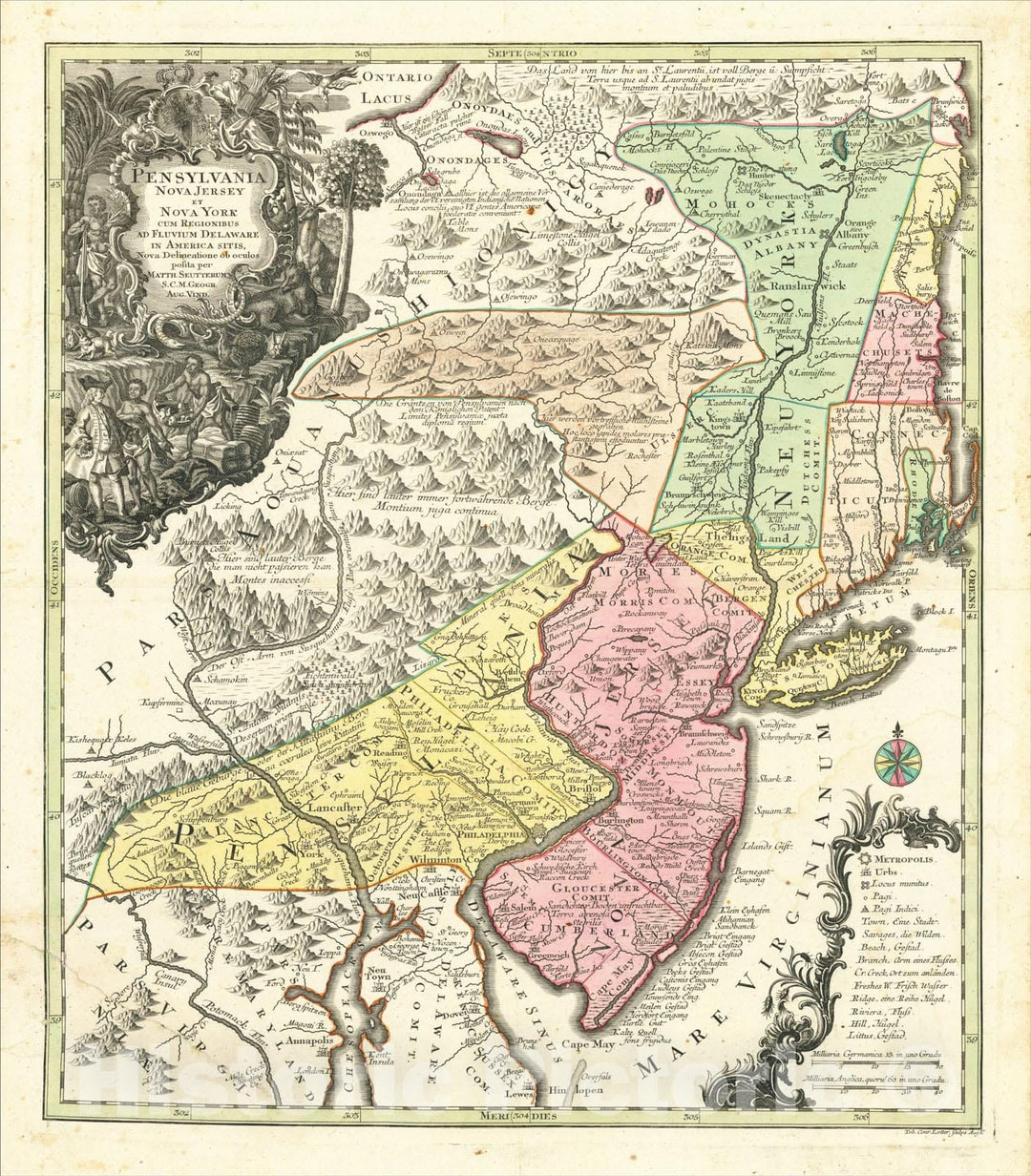 Historic Map : Pensylvania Nova Jersey et Nova York cum Regionibus Ad Fluvium Delaware In America Sitis, Nova Delinatione ob oculos posita, 1750, v1, Vintage Wall Art